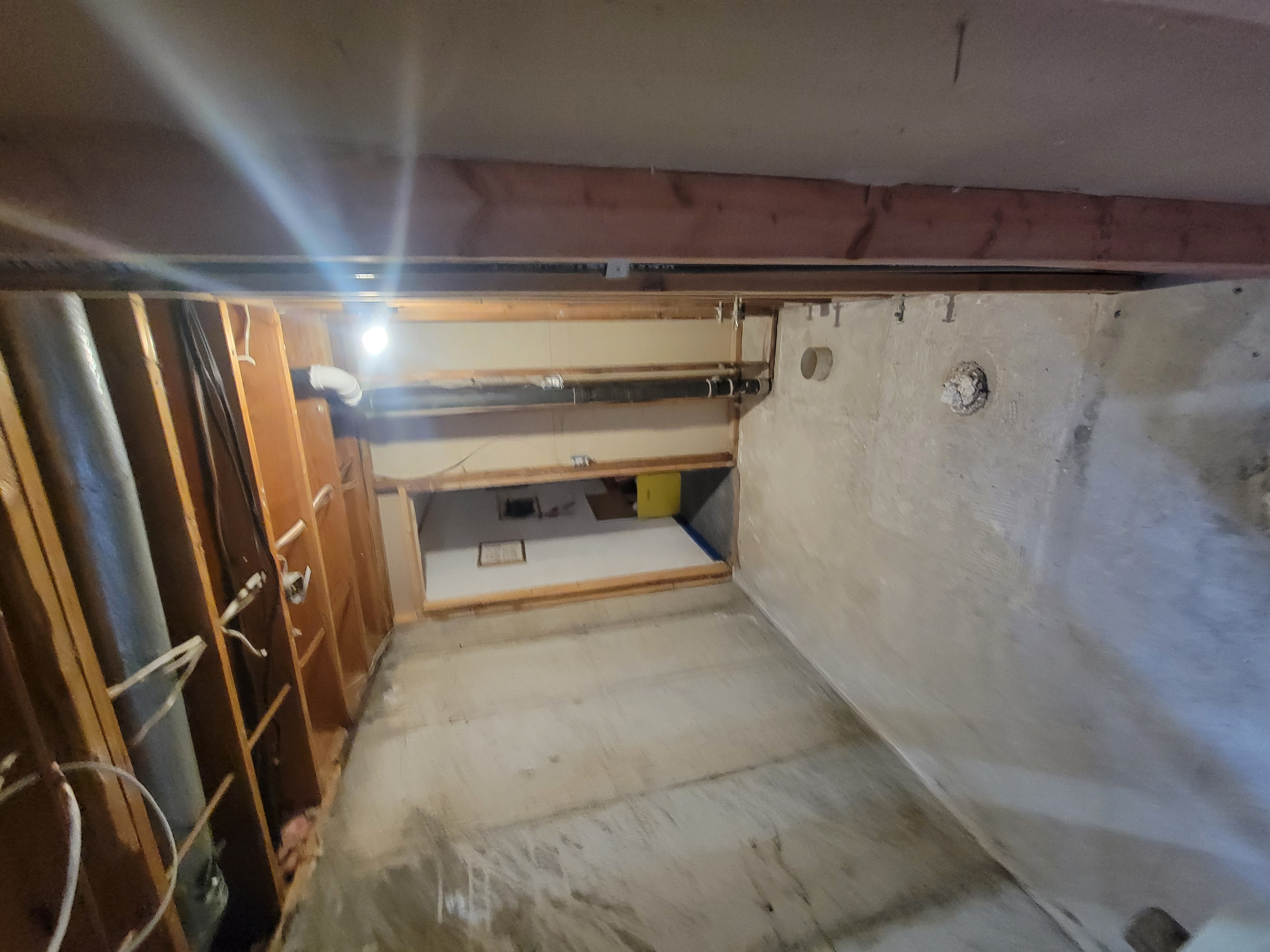 Fully gutted bathroom showing exposed studs, plumbing rough-ins, and concrete subfloor